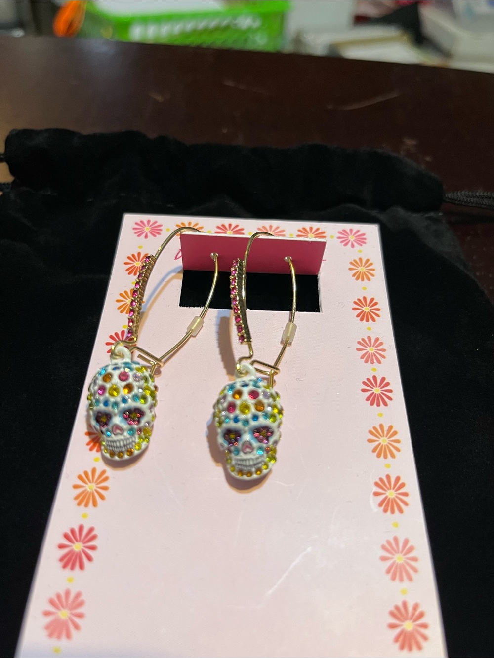 Betsey Johnson Gold-Tone Multicolor Crystal Sugar Skull Hoop Earrings